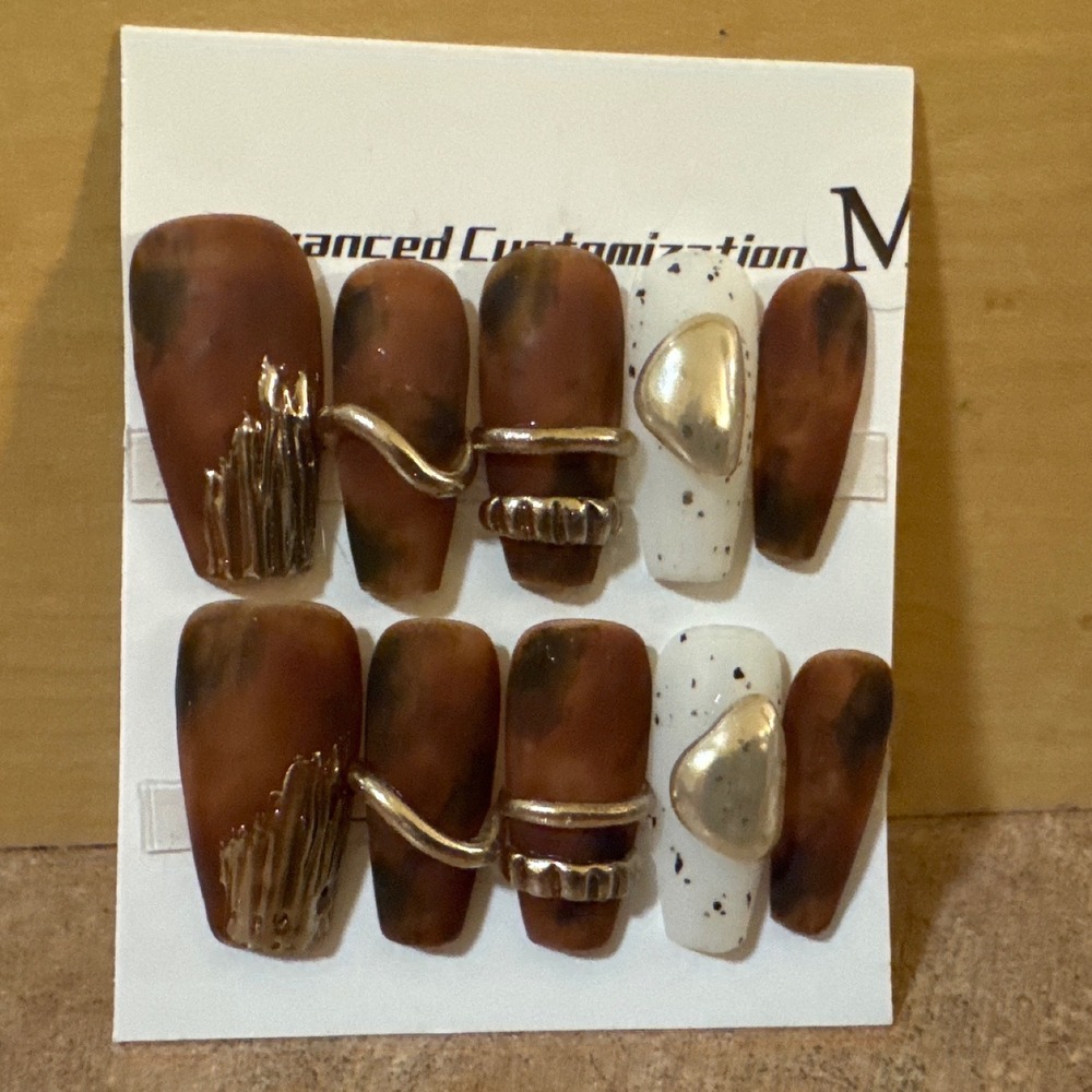 Tortoiseshell 3D Gold Metallic Press On Nails Coffin Shape Set